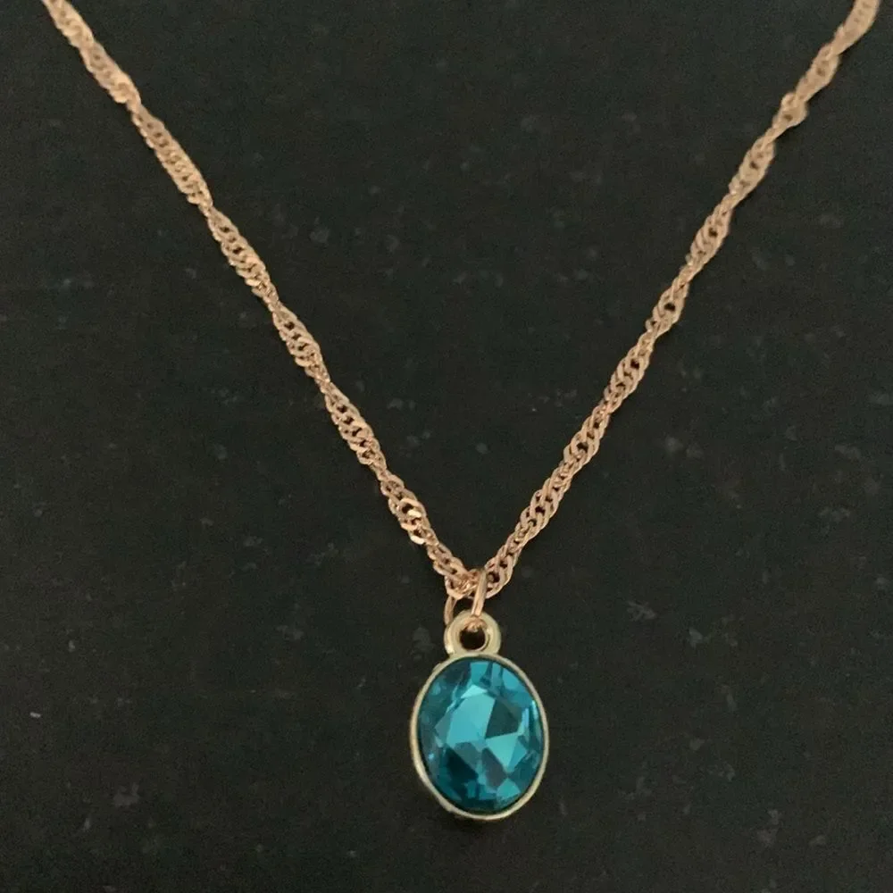 Aquamarine Blue Oval Pendant Necklace - Ocean Blue - Art Deco Style